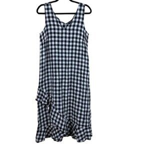 Lord & Taylor 100% Linen Asymmetric Ruffled Hem Gingham Dress Sz S Cottagecore
